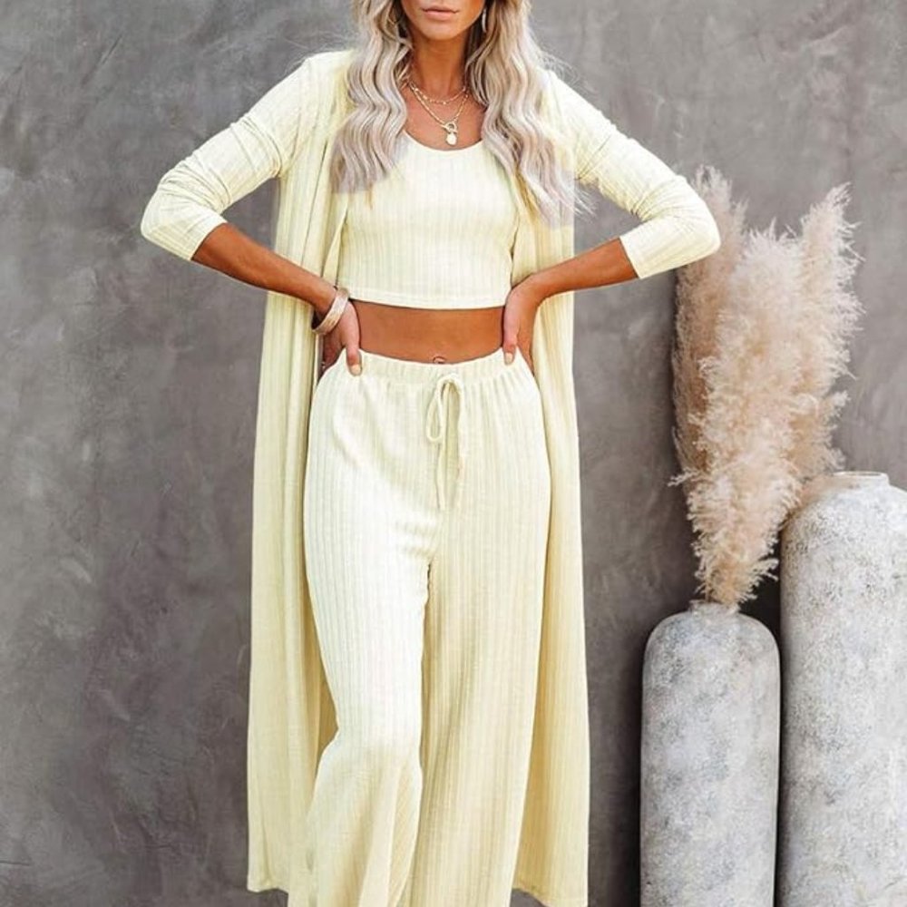 Women's 3 Piece Ribbed Loungewear Set - Crop Top, Loose Pants, Long Cardigan